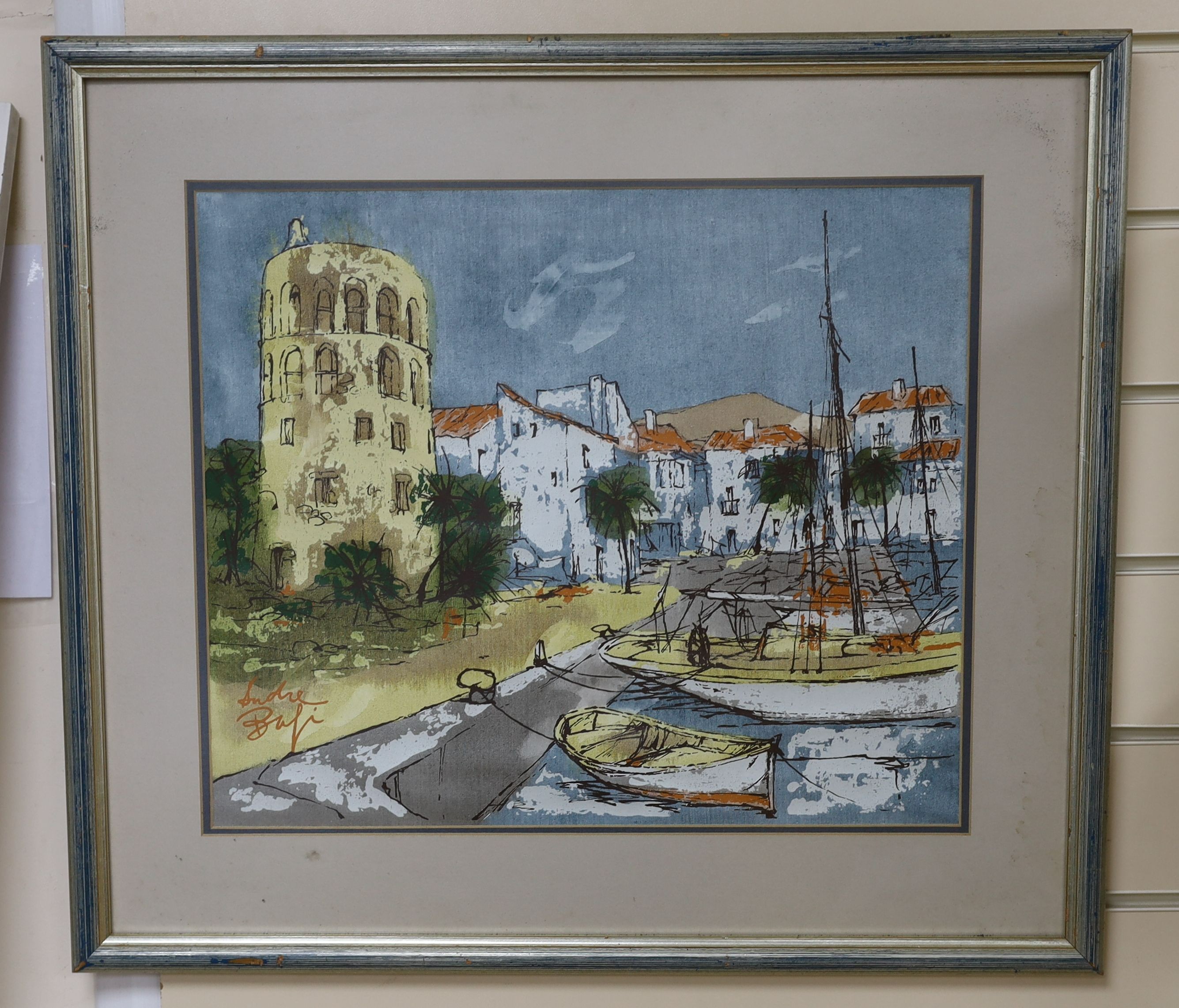 Andre Bufi (Bernard Dufour, 1922-2016), ink and acrylic on canvas, Mediterranean harbour scene, signed, 37 x 44cm